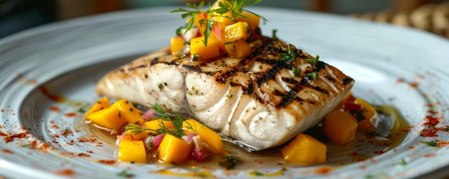 Grilled swordfish with mango salsa, 4K hyperrealistic photo