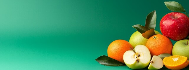 apples and oranges arranged in a single pile, with one apple on top