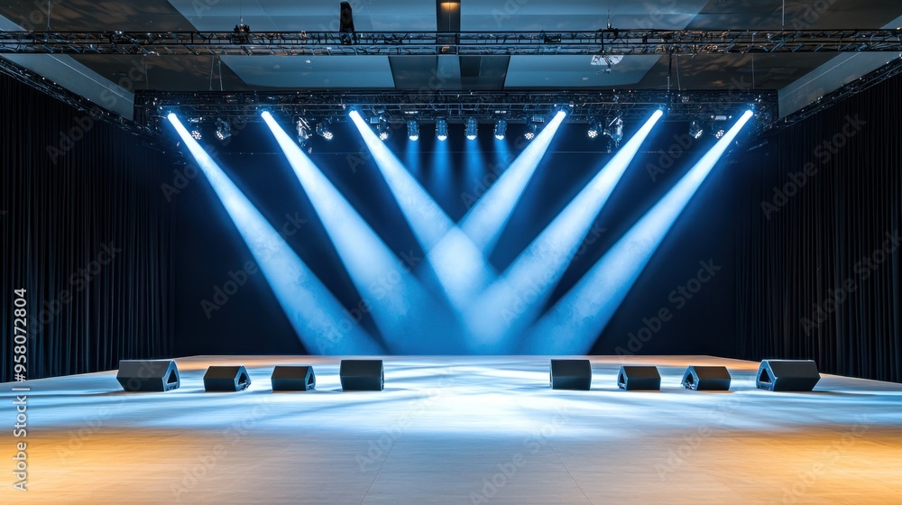 Wall mural energizing orange concert stage illuminated by black line array sound system for dynamic performance