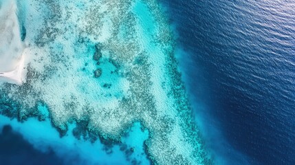 Aerial perspective of Maldives marine topography, with shallow sandbanks transitioning into deep ocean blue.