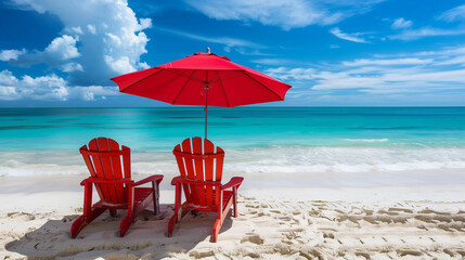 Two red chairs under a beach umbrella on a sunny day