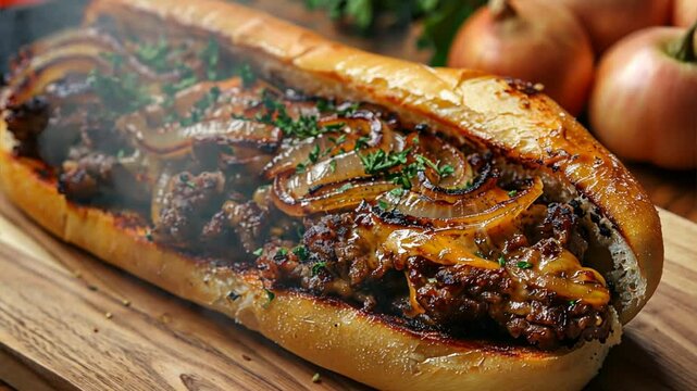 Steaming Hot Philly Cheesesteak: A classic sandwich overflowing with savory goodness on a rustic wooden board. 