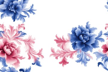 A seamless Baroque-inspired damask pattern in blue and red tones, rendered in watercolor style, features a continuous repeat on a white background.	