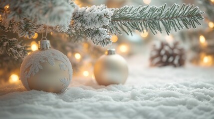 Shiny silver bauble on a green fir tree branch, Christmas decoration for holiday celebration