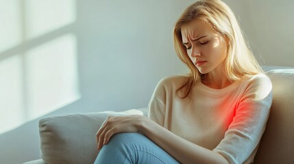 Obraz premium A young woman sits on a couch, clutching her arm in pain.