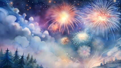 Fototapeta premium Watercolor painting of vibrant fireworks lighting up the night sky over a forest 