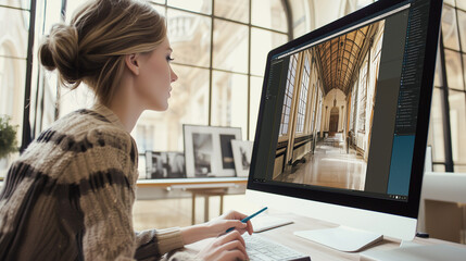 A real estate photographer uses AI tools to enhance a home interior photo, brightening lighting and sharpening details. The workspace is modern, with the screen showing the transformation in progress.