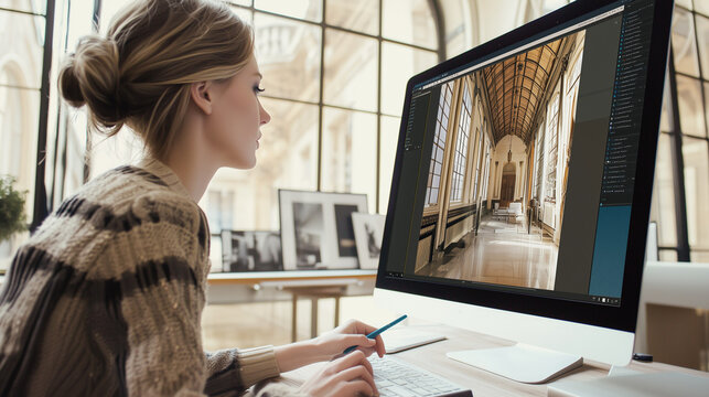 A real estate photographer uses AI tools to enhance a home interior photo, brightening lighting and sharpening details. The workspace is modern, with the screen showing the transformation in progress.