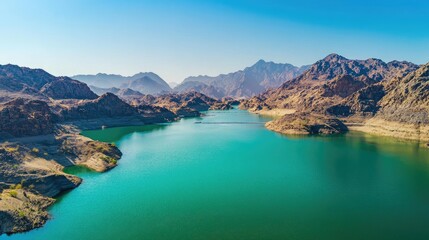Fototapeta premium Aerial shot of Hatta Dam, emerald-green waters surrounded by rocky mountains under a clear blue sky. No people.