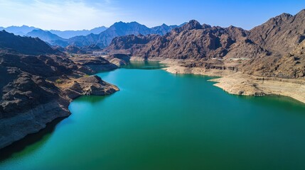 Fototapeta premium Aerial shot of Hatta Dam, emerald-green waters surrounded by rocky mountains under a clear blue sky. No people.