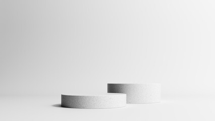 3D rendering of a light stone podium with monstera leaves. Cosmetic product mockup for advertising and presentations. Display, showcase.