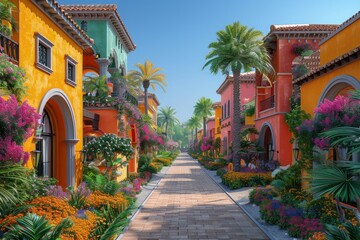 Colorful tropical pathway lined with vibrant flowers and lush palm trees under a bright blue sky in a picturesque village