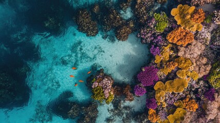 Fototapeta premium Aerial shot of Maldives colorful coral reefs seen through shallow water, with fish swimming around.