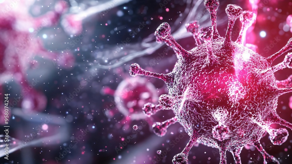 Poster a detailed close-up of a virus, showcasing intricate structures in vibrant colors, emphasizing its b