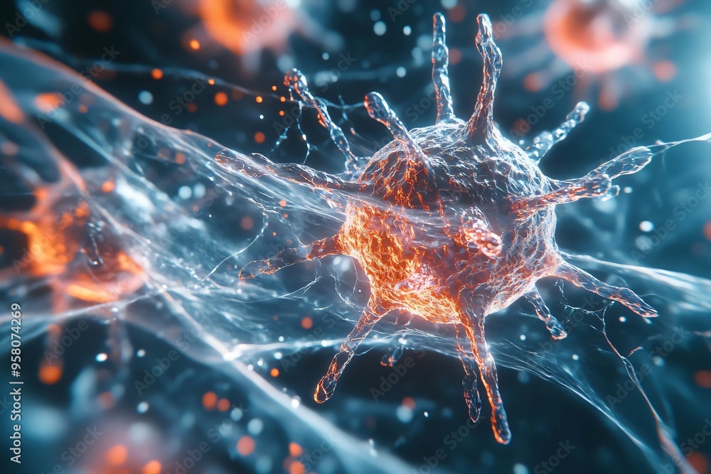 Poster a detailed microscopic view of a virus interacting with cells, showcasing its structure and movement