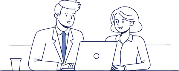 Happy professional executive team people managing project at work. Busy business man manager leader showing financial results to female partner using laptop computer at corporate office