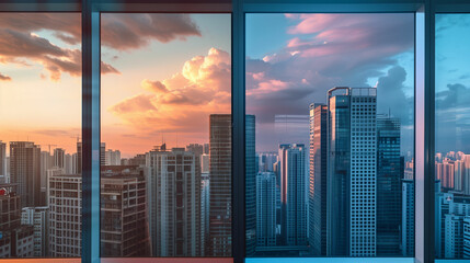 Office window view of a modern city skyline at sunset