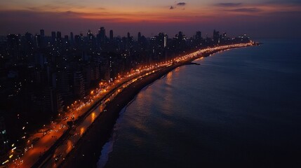 Aerial shot of Mumbai's Marine Drive, the 'Queen's Necklace' shimmering with city lights along the coastline. No people.