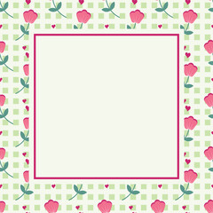 Sweet pink flowers and tiny heart grid poster notepad background. Beautiful flowers seamless pattern.