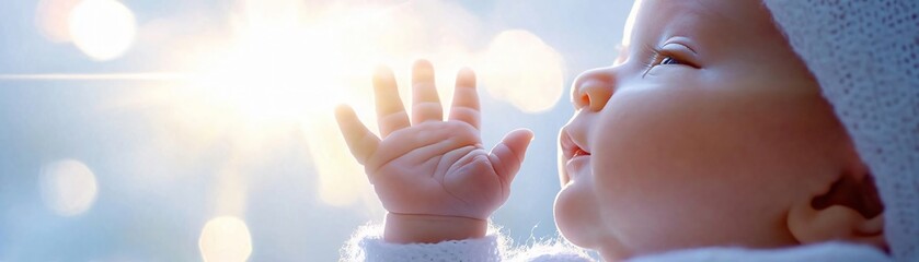 Fototapeta premium A serene image of a baby reaching out towards the light, symbolizing curiosity and innocence in a bright, dreamy setting.