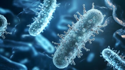 Fototapeta premium Microscopic view of blue bacteria cells with textured surface in motion