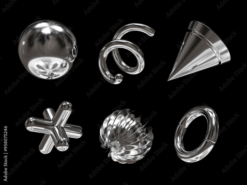 Poster 3d rendering of a set of geometric objects, icons, chrome elements isolated on a black background. a