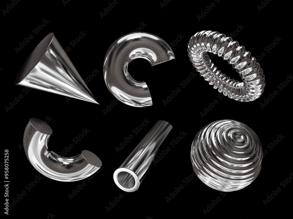 Poster 3d rendering of a set of geometric objects, icons, chrome elements isolated on a black background. a