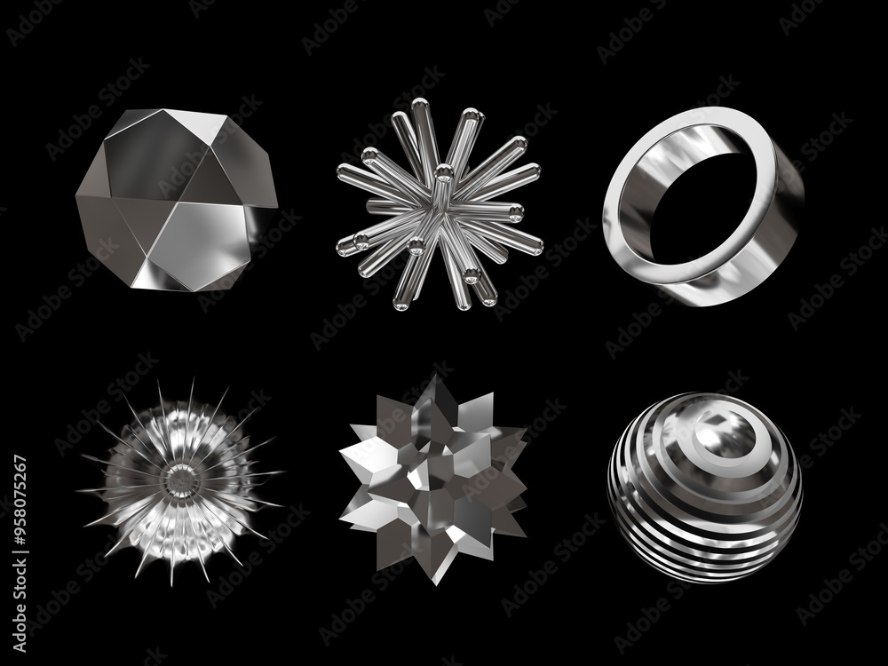 Poster 3d rendering of a set of geometric objects, icons, chrome elements isolated on a black background. a