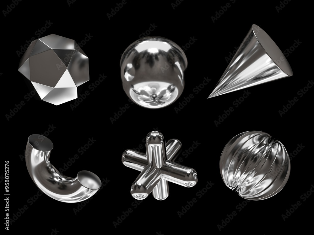 Poster 3d rendering of a set of geometric objects, icons, chrome elements isolated on a black background. a