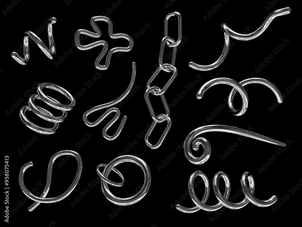 Fototapete 3d rendering of a set of geometric objects, icons, chrome elements isolated on a black background. a