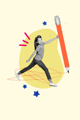 Fototapeta premium Collage image retro sketch of funny girl hold big pencil school day shopping kids education concept magazine billboard comics zine minimal