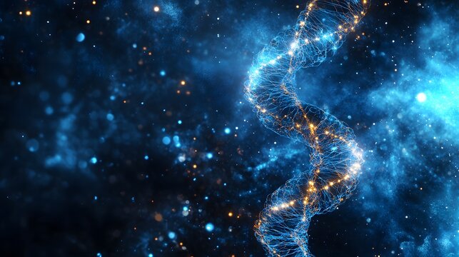 Glowing dna helix amidst cosmic background with blue and orange bokeh effects