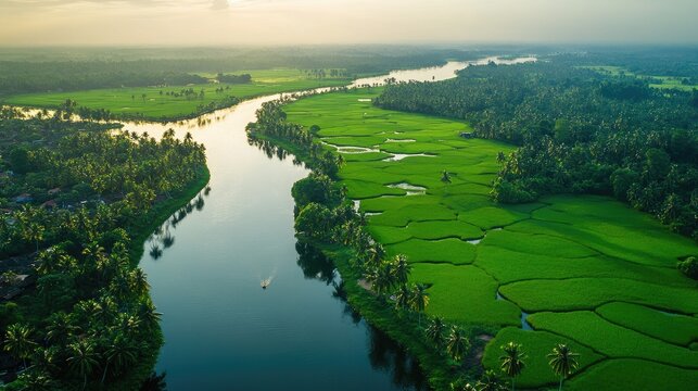 Aerial shot of the serene Kumarakom backwaters in Kerala, surrounded by lush greenery and paddy fields. No people.