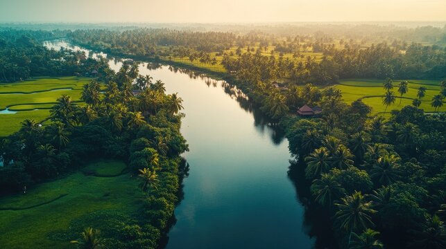 Aerial shot of the serene Kumarakom backwaters in Kerala, surrounded by lush greenery and paddy fields. No people.