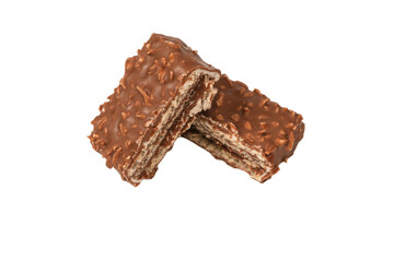 Chocolate coconut wafer bar isolated on white background.