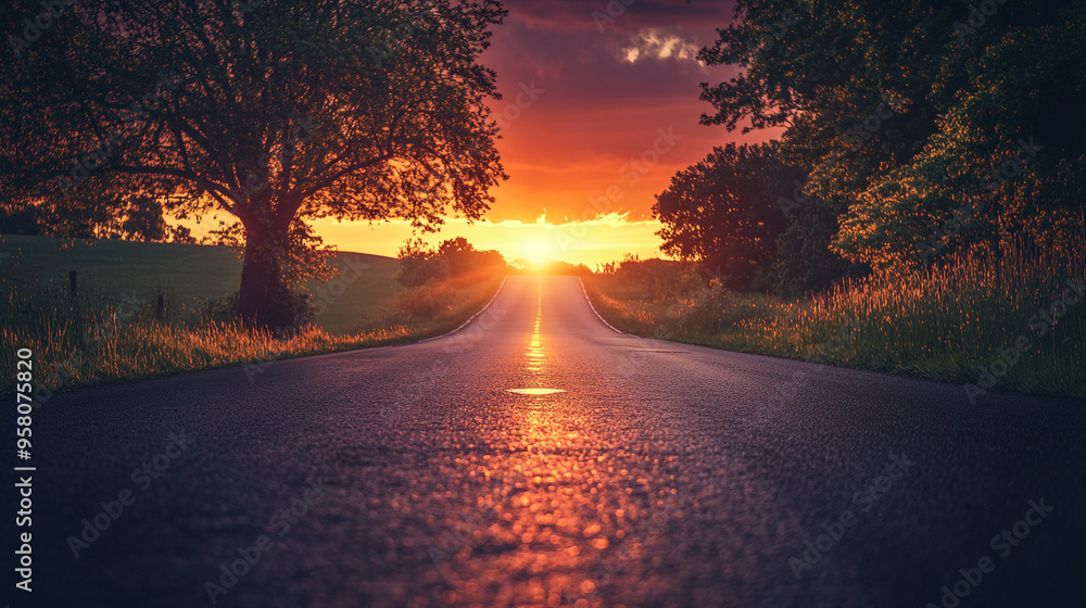 Poster a serene country road at sunset surrounded by trees and open fields creating a tranquil atmosphere