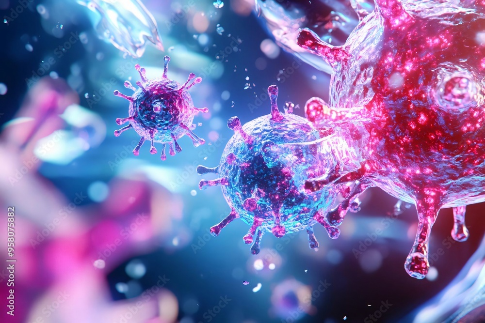 Poster a vibrant illustration of viruses in a microscopic view, showcasing colorful patterns and structures