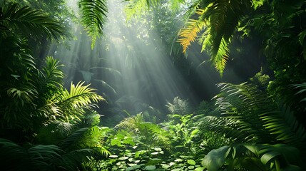 Fototapeta premium Sunlight cascading through lush green tropical jungle canopy creating a serene natural paradise