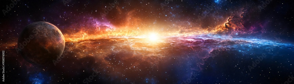 Wall mural a vivid cosmic scene showcasing a planet amidst a colorful cosmic explosion, representing the beauty