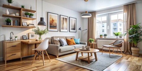 Fototapeta premium Soft gray walls provide a soothing backdrop for rich wood accents and modern artwork, creating a cozy and