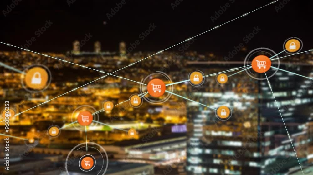 Poster shopping cart and security lock icons connected by lines, e-commerce network animation over cityscap
