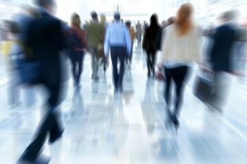 Crowd of business people walking in a modern building with motion blur