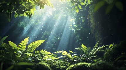 Obraz premium Sunlight filtering through lush green forest canopy with ferns and leaves
