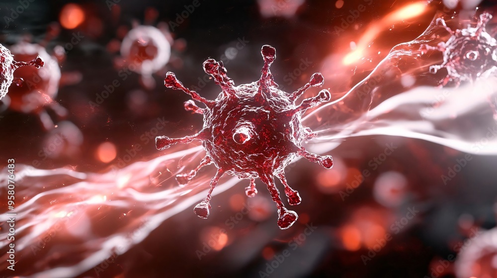 Poster close-up of a virus particle in vibrant colors, showcasing its structure and movement. ideal for med