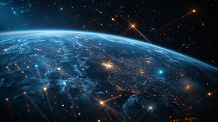 A stunning view of Earth from space showcasing city lights and atmospheric details during twilight hours