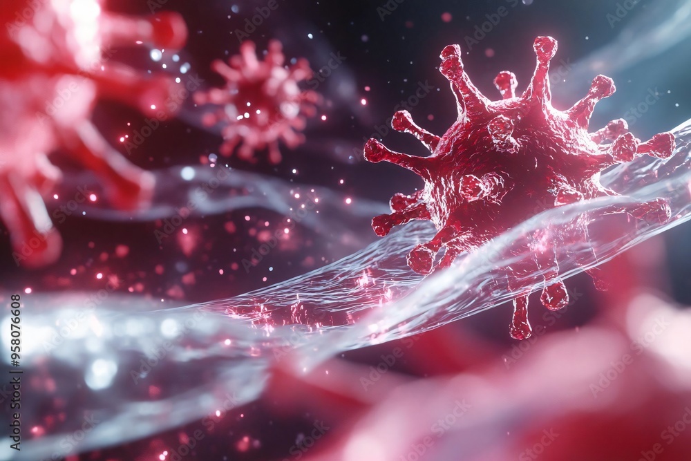 Poster close-up view of a virus in a dynamic, colorful environment showcasing its structural details and vi