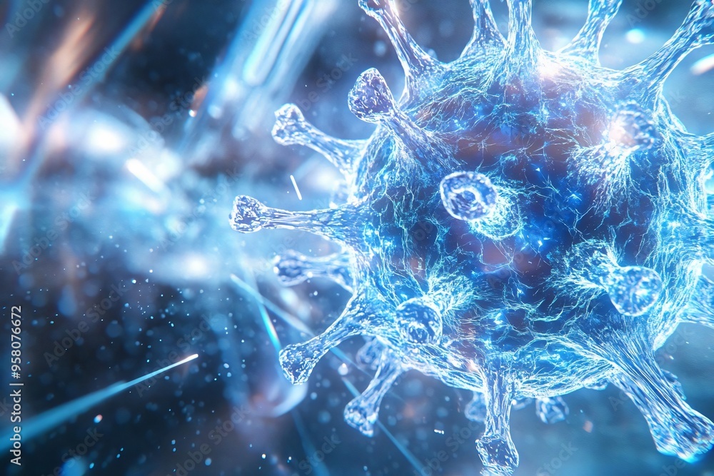 Poster close-up view of a virus structure surrounded by digital particles, showcasing intricate details and