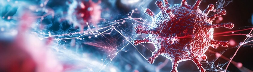 Close-up view of a virus structure showcasing intricate details and vibrant colors, ideal for educational and scientific themes.