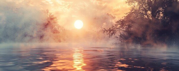Obraz premium Sunrise over a misty river, 4K hyperrealistic photo