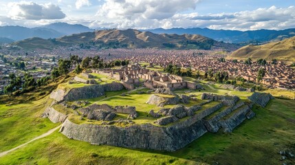 Fototapeta premium Aerial view of the fortress ruins of Sacsayhuama, with its massive stone walls and panoramic views of Cusco